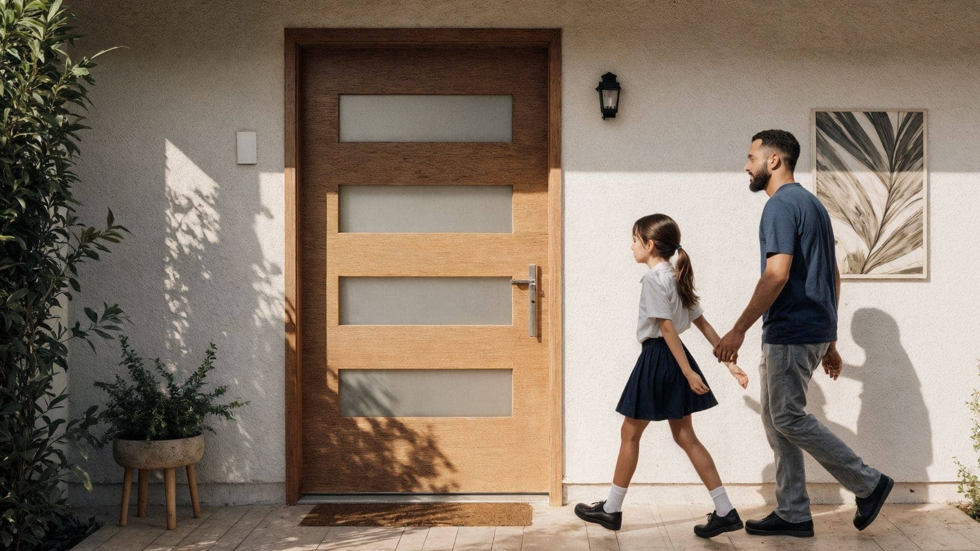 Familia entrando a casa con puerta de madera instalada